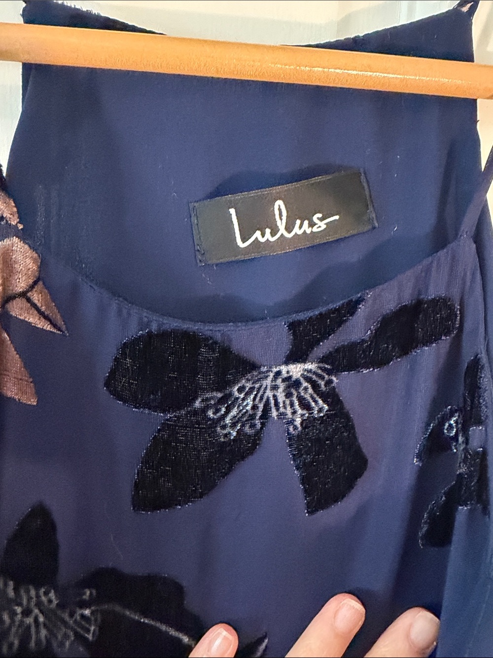 Lulu's Navy Maxi Dress with Bronze Floral Print w/ Sheer bottom - Picture 2 of 6